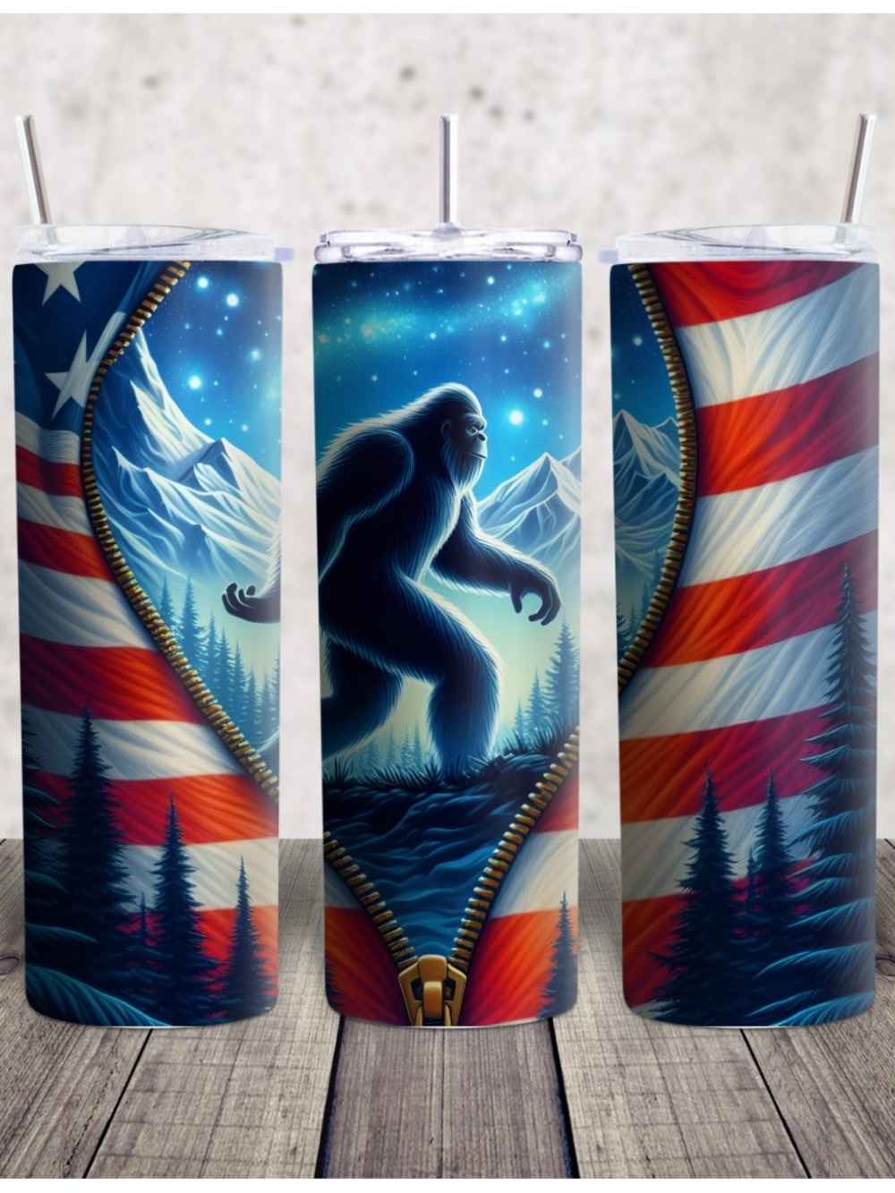 Hand Crafted Blue and Red Bigfoot Mountain Flag Tumbler